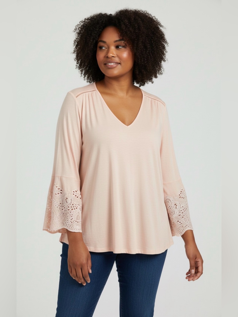 Fever Women's 2X Pink V Neck Top Stretch Embroidered Bell Sleeve Cutout Boho